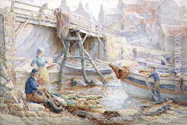 Mending the Nets, Staithes Oil Painting - John H. Parkyn