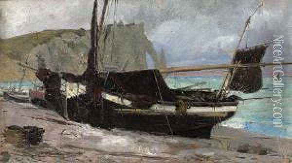 A Fishing Boat In Etretat, Normandy With Faint Oil Painting - Vasily Polenov