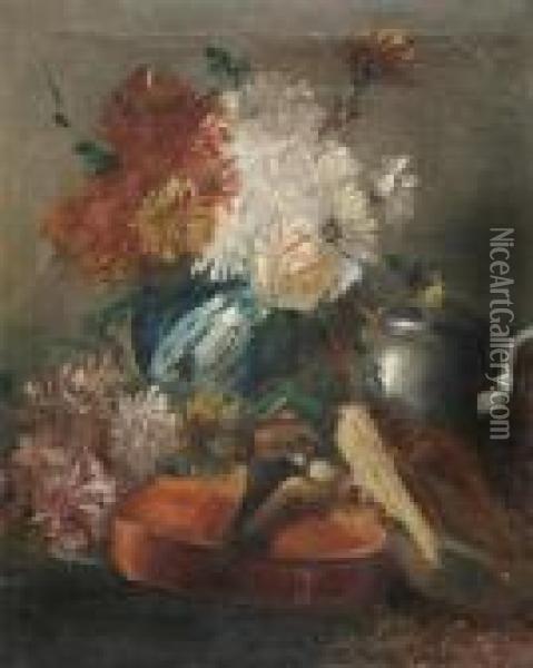 Still Life With Flowers, Violin And Pewter Jug. Oil Painting - Cornelia Schouten