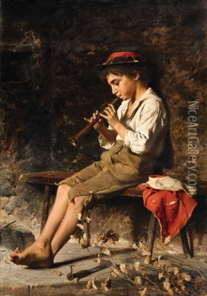 A Boy Playing The Flute Oil Painting - Luigi Bechi