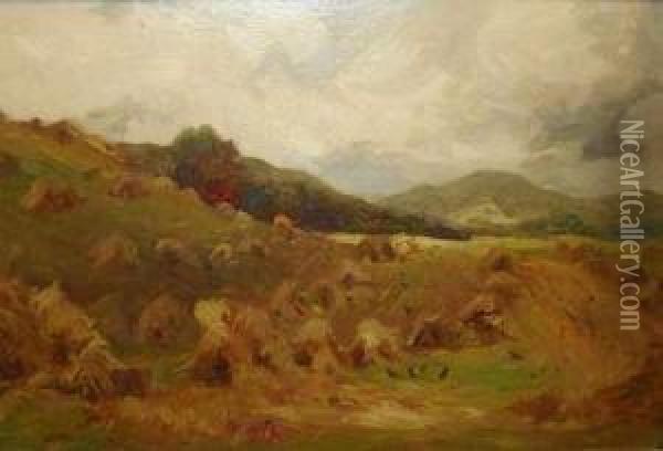 A Harvest Scene With Corn Stooks In A Landscape Oil Painting - William Manners