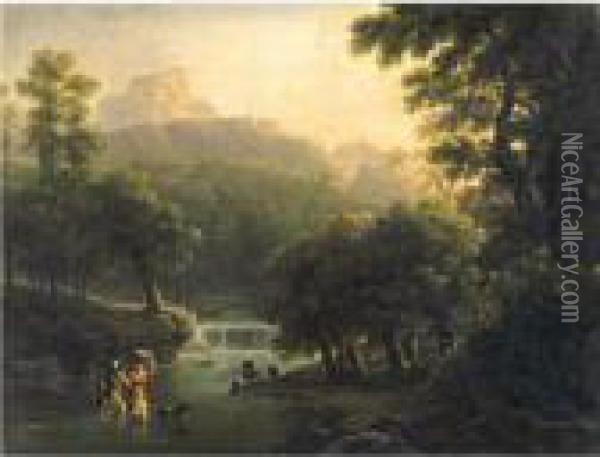 Landscape With Figures Crossing A River Oil Painting - Jean-Joseph-Xavier Bidauld