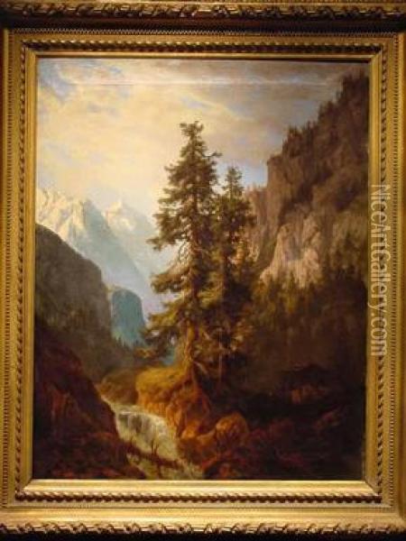 Alpine River With Jungfrau In The Distance Oil Painting - Arnold Jenny