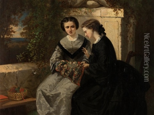 Women Embroidering In The Park Oil Painting - Louis Joseph Taymans