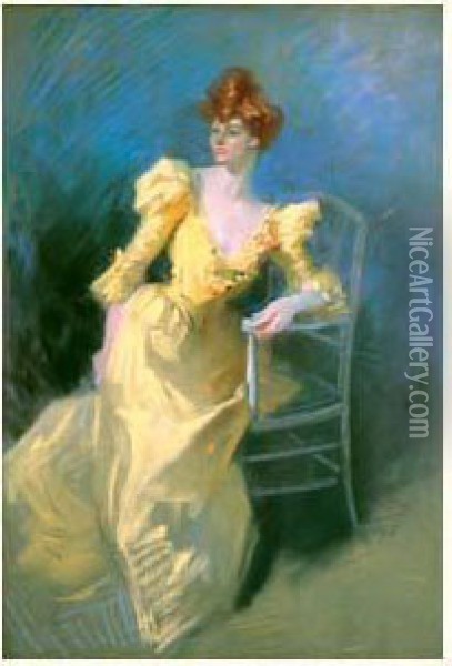 Elegante A La Robe Jaune Oil Painting - Jules Cheret