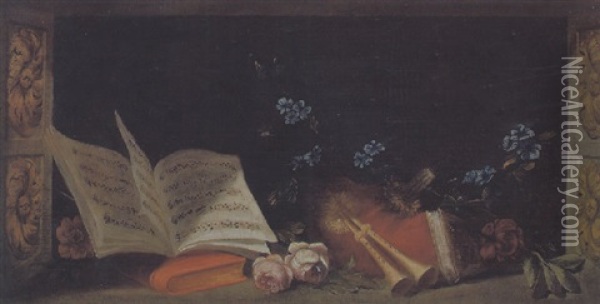 Stilleben Mit Notenbuch, Floten Und Blumen Oil Painting - Henri Horace Roland de la Porte