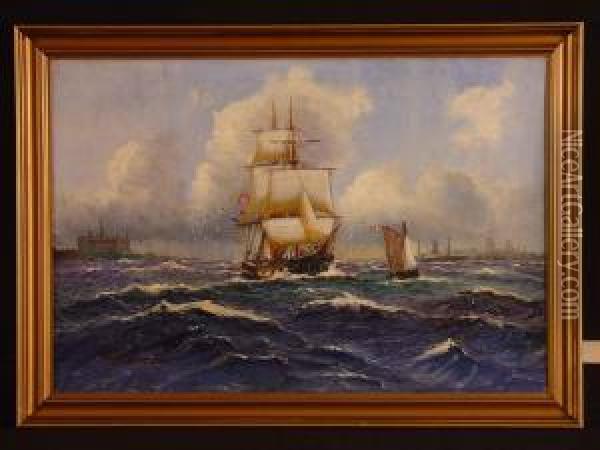 Hamburger Dreimaster Mit Segelboot Vor Danischer Kuste Oil Painting - Alfred Jensen