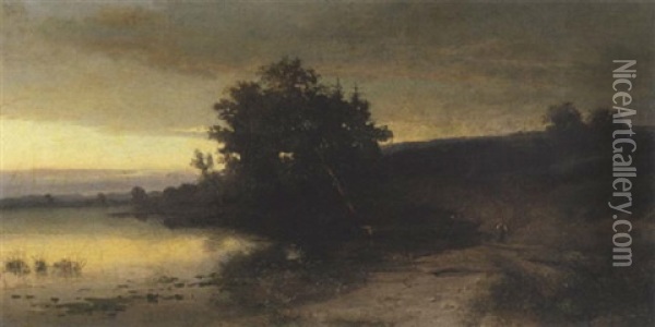 Sonnenuntergangstimmung Am Seeufer Oil Painting - Eduard Schleich the Elder