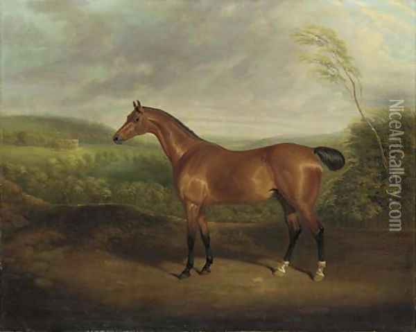 Cock Robin, a chestnut hunter in a wooded landscape with a mansion beyond Oil Painting - David of York Dalby