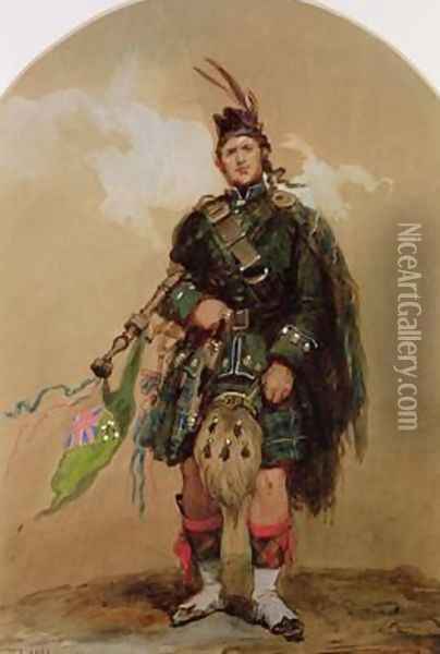 A Piper of the 79th Highlanders at Chobham Camp in 1853 Oil Painting - Eugene Louis Lami