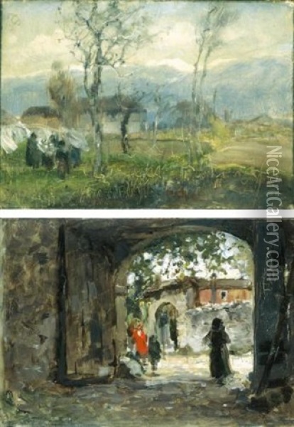 Paesaggi Con Figure (pair, 1 Oil On Board) Oil Painting - Vittore Antonio Cargnel