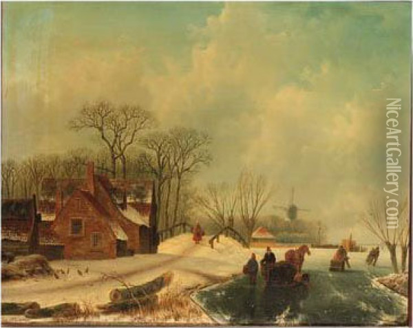 A Winter Landscape With Figures On A Frozen Waterway With A Koek Enzopie Beyond Oil Painting - Acobus Loernsz. Sorensen
