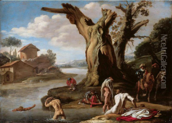 A River Landscape With Horsemen And Figures Bathing In The Foreground Oil Painting - Theodoro Filippo Di Liagno