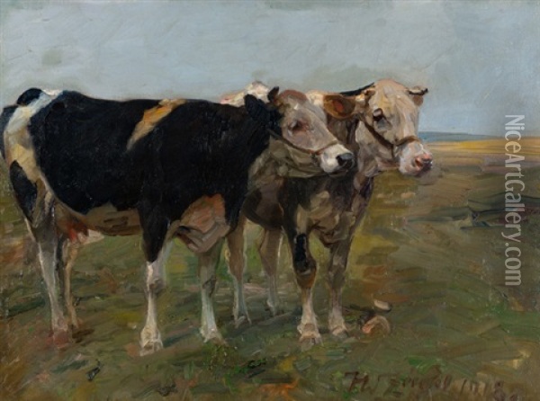 Zwei Kuhe Auf Der Weide Oil Painting - Heinrich von Zuegel