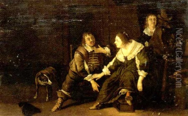 Un Couple Assis Dans Un Interieur, Deux Personnages Debout Discutant A L'arriere-plan Oil Painting - Anthonie Palamedesz