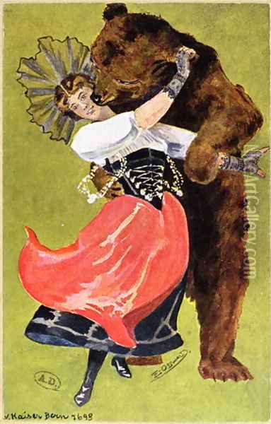 Postcard from Bern depicting a woman and a bear, c.1900 Oil Painting - Anonymous Artist
