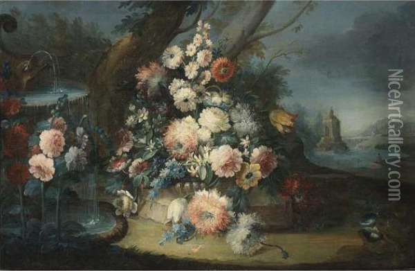 A Still Life Of Roses, Tulips, 
Larkspur, Anemones And Other Flowers, In A Landscape Near A Fountain, A 
River Landscape With A Fisherman Beyond;
 A Still Life Of Roses, Tulips, Larkspur And Other Flowers, Near A 
Classical Ornament With A Stone Vase, Oil Painting - Gasparo Lopez