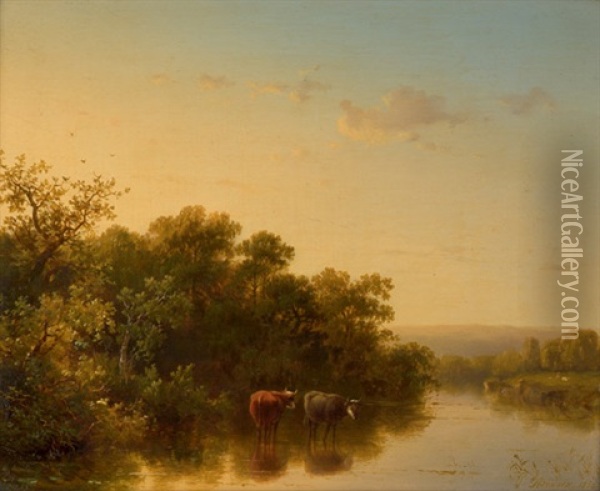 Abendliche Flusslandschaft Mit Kuhen Oil Painting - Jacobus Loerenz Sorensen