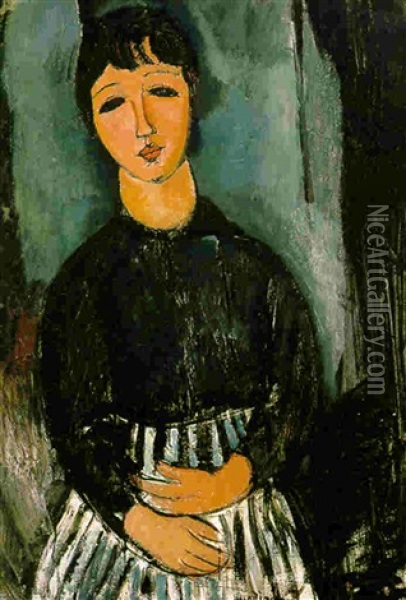 La Servante Au Tablier Raye Oil Painting - Amedeo Modigliani