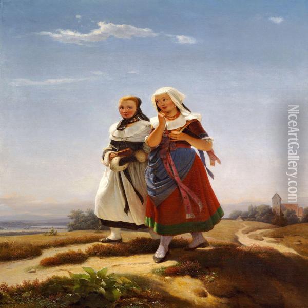 Two Young Girls On Their Way Back From Church Oil Painting - Carl Julius Hermann Schroder