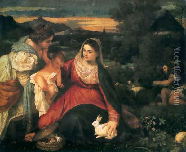 Madonna and Child with St. Catherine and a Rabbit Oil Painting - Tiziano Vecellio (Titian)