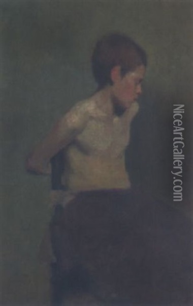 Knabe Auf Einem Stuhl Sitzend, Mit Roter Decke Oil Painting - Max Klinger