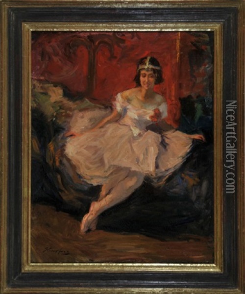 Sitzende Balletttanzerin In Der Garderobe Vor Rotem Hintergrund Oil Painting - Wilhelm Hempfing