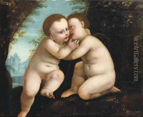 A wooded landscape with Jesus and Saint John as infants Oil Painting - Joos Van Cleve