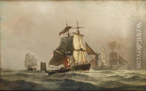 Marin Med Amerikanskflaggat Fartyg Oil Painting - Hans Emil A. Jahn