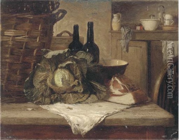 A Cabbage, Joint Of Meat, Bottles And A Wicker Basket On A Kitchen Table Oil Painting - Harry Brooker