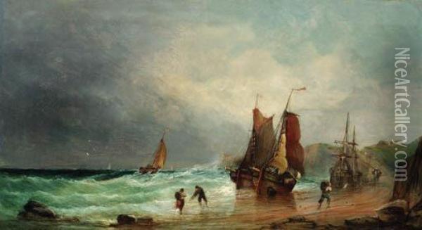 Fishing Boats On A Lee Shore Oil Painting - James Webb