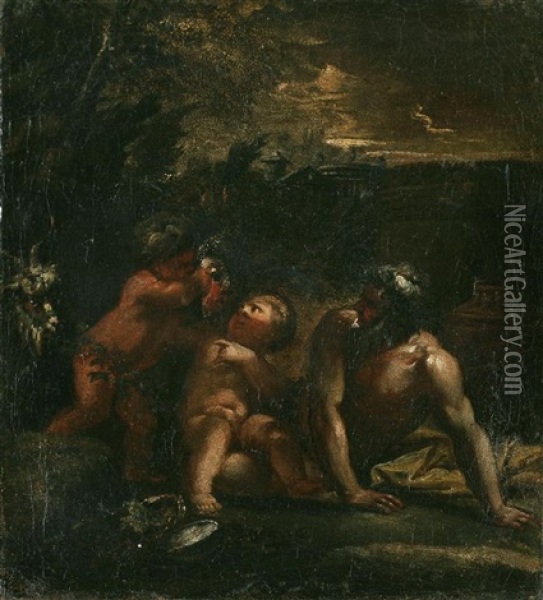 Personaggio Della Mitologia Con Due Putti, Sul Fondo Roma Antica Oil Painting - Pier Francesco Mola