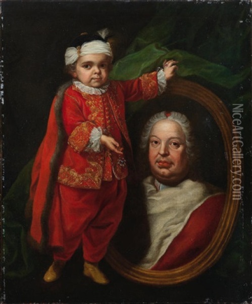 Portrait Of A Dwarf Holding A Portrait Of Cardinal Valenti Gonzaga Oil Painting - Pierre Hubert Subleyras