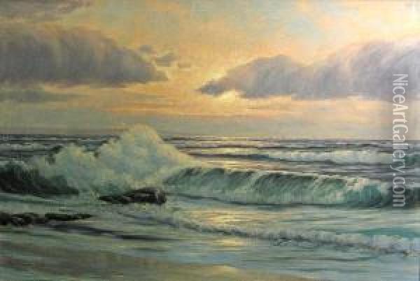 Crashing Waves At Sunset Oil Painting - Richard Lorenz