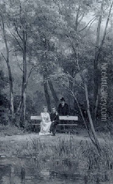 An Elegant Couple Seated On A Bench In A Park With An Attendant Standing Nearby Oil Painting - Jan Willem Van Borselen