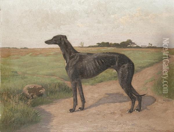 A Greyhound In A Landscape Oil Painting - G. F. Waldo Johnson