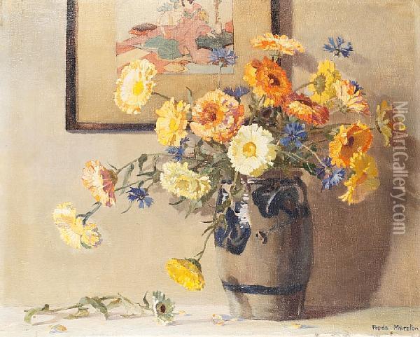 Still Life Of Marigolds In A Delft Vase Oil Painting - Freda, Nee Clulow Marston