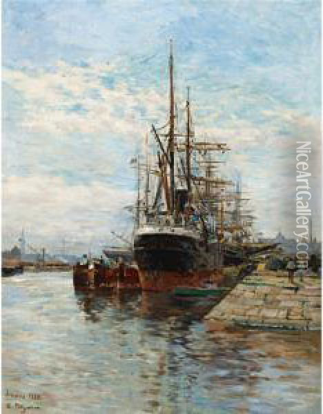 Tall Ships In A Harbor Oil Painting - Edmond Marie Petitjean