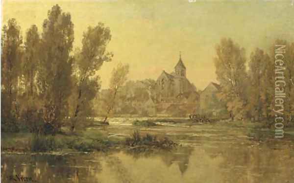Eglise de Montigny-sur-Loing, Seine et Marne view on the church of Montigny Oil Painting - Alexandre Rene Veron