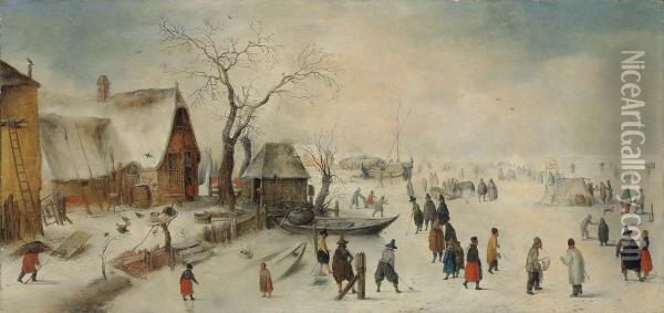 A Winter Landscape With Skaters Oil Painting - Hendrick Avercamp