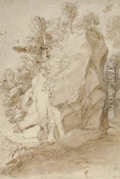 A Rocky Outcrop, An Extensive Landscape Glimpsed Beyond Oil Painting - Herman Van Swanevelt