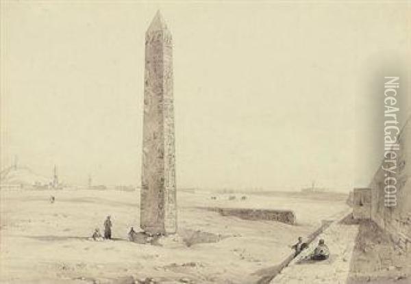 View Of Cleopatra's Needle In Its Original Position Outsidealexandria, Egypt Oil Painting - Josef Schranz
