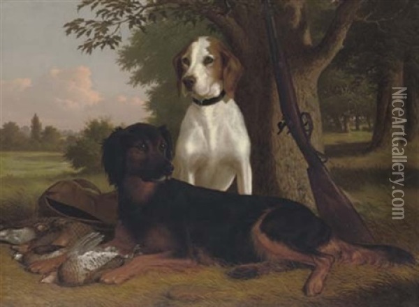 The End Of The Day - A Pointer And Setter With Game And A Shotgun At The Edge Of A Wood Oil Painting - Thomas Hewes Hinckley