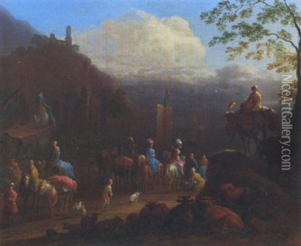 Eine Elegante Gesellschaft Von Reisenden Bei Einem Hafen Oil Painting - Jan-Baptiste van der Meiren