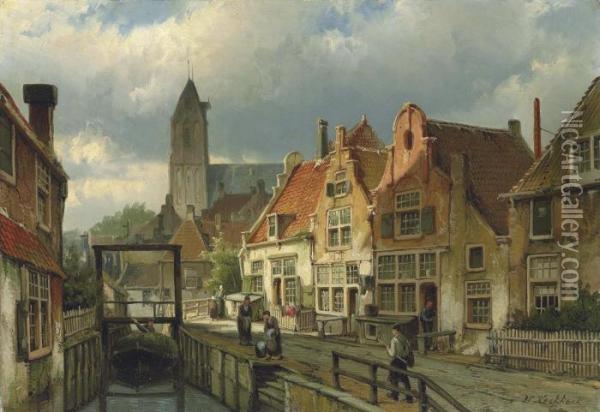 Figures On A Canal In Oudewater, Holland Oil Painting - Willem Koekkoek