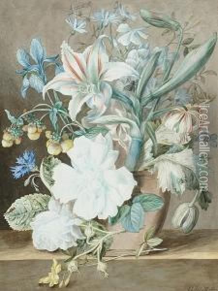 An Arrangement Of Flowers On A Ledge Oil Painting - Johannes Van Cornelis