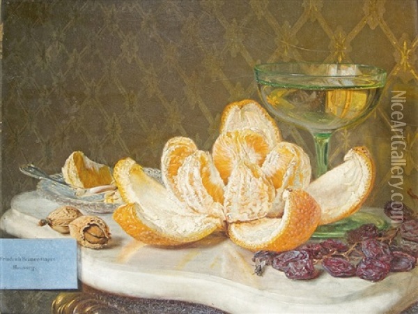 Still Life With Orange, Wine Glass And Trompe-l'oeil Elements Oil Painting - Friedrich Heimerdinger