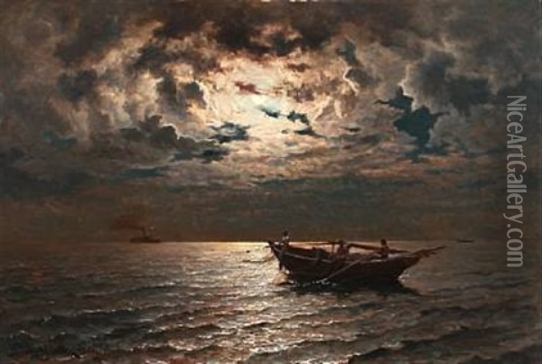 Fishermen At Sea In Moonlight Oil Painting - Jacob Silven