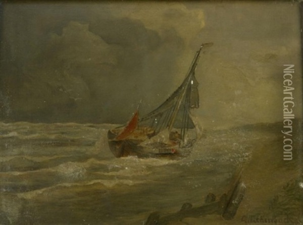 Segelboot Vor Der Kuste Bei Aufziehendem Regen Oil Painting - Andreas Achenbach