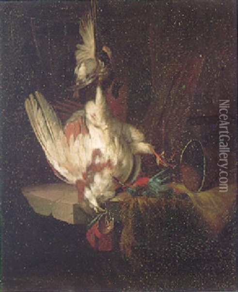 A Still Life Of A Finch, A Partridge And Kingfisher Hanging Above A Stone Ledge Oil Painting - William Gowe Ferguson